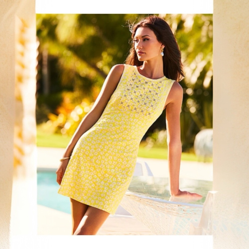 Lilly‎ Pulitzer Karsyn Beaded Jacquard Shift Dress Size 0 Finch Yellow Jeweled